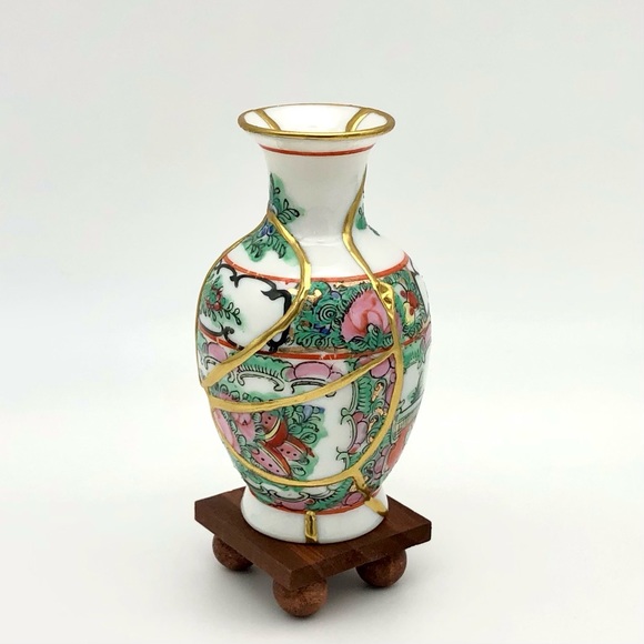 Chinese Famile Rose Kintsugi Vase Vintage Marked Gold Crack Japanese Growth Gift - Picture 6 of 14